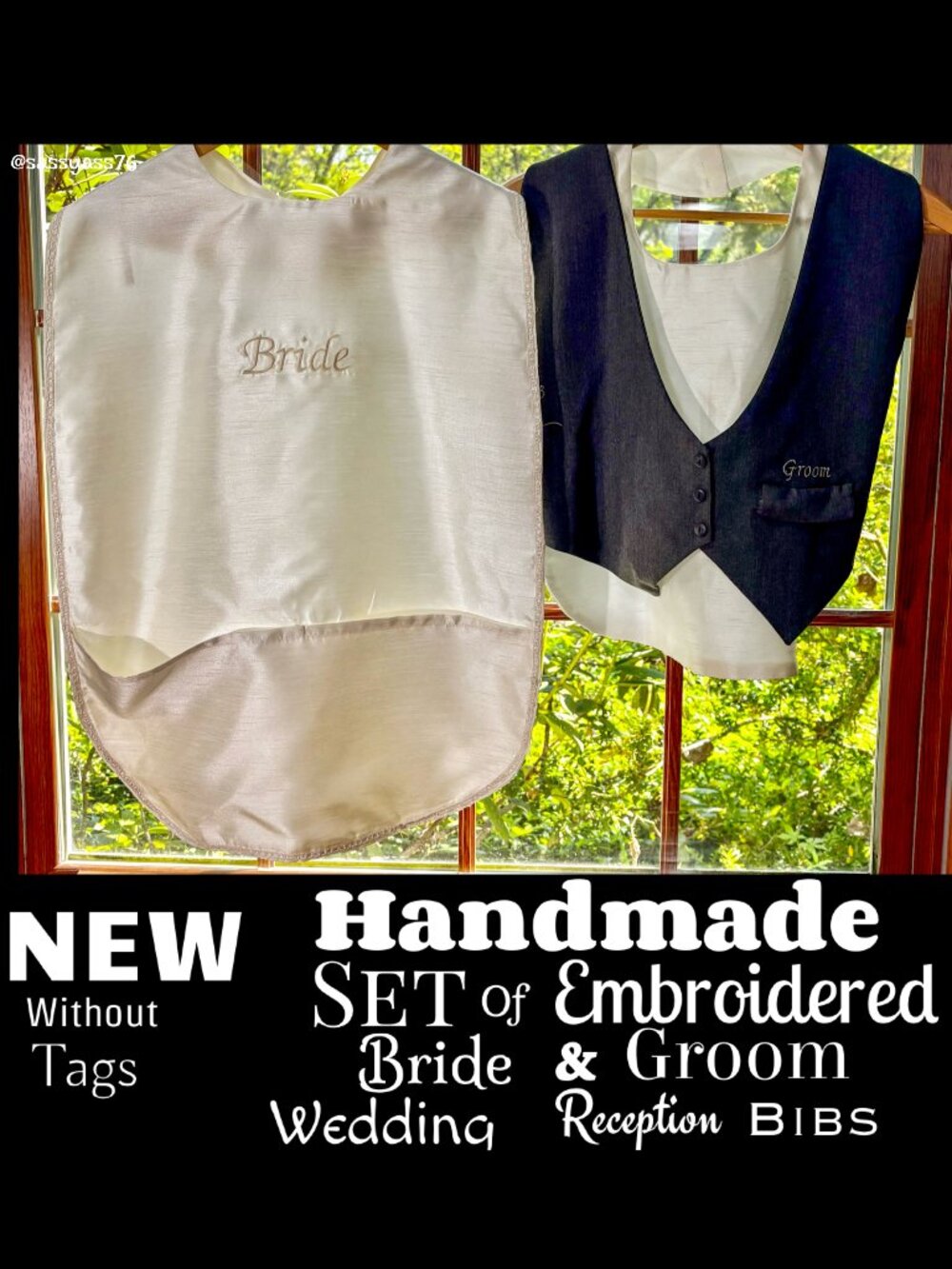 🆕NWOT▪️HANDMADE▪️Set of Embroidered BRIDE & GROOM OOAK Wedding Reception Bibs
